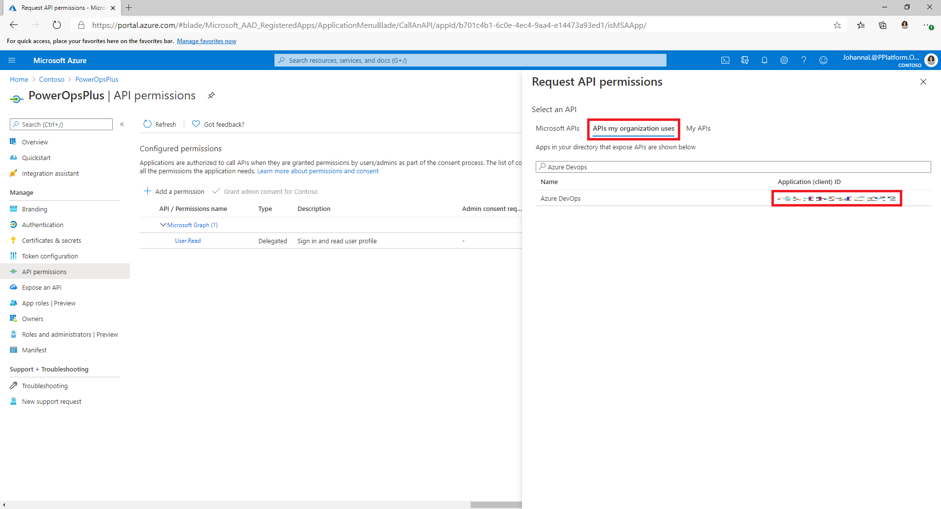 Screenshot of the Request API permissions window, with the APIs my organization uses tab and Application (client) ID highlighted.