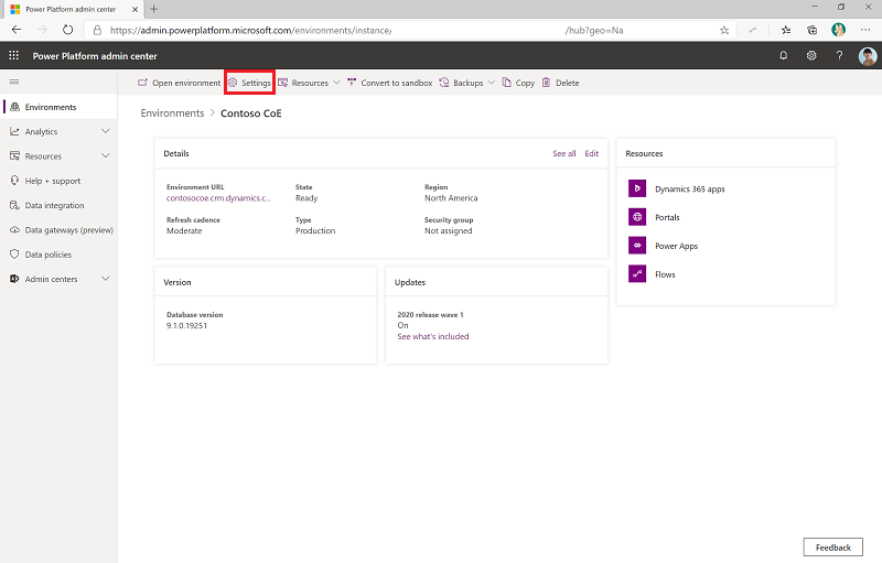 Power Platform admin center - environments overview.