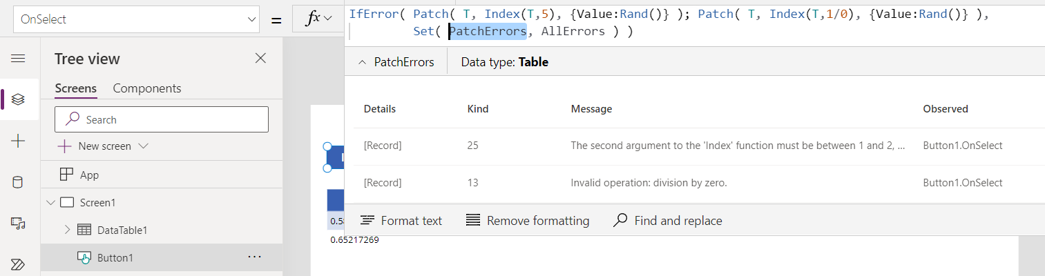 Capture of the errors into the global variable PatchErrors where we can see that both errors present