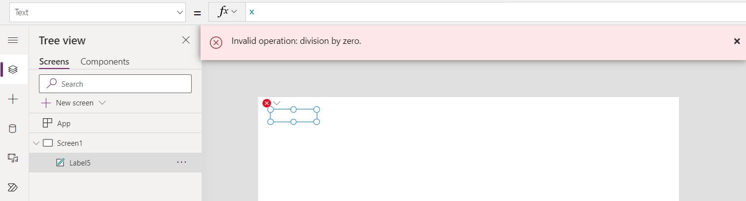 Error banner shown with label control referencing the variable x