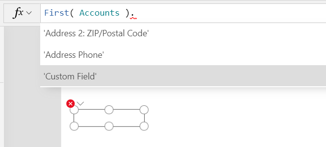 Studio formula bar showing suggestions for field names of Accounts with the display name 'Custom Field' highlighted.