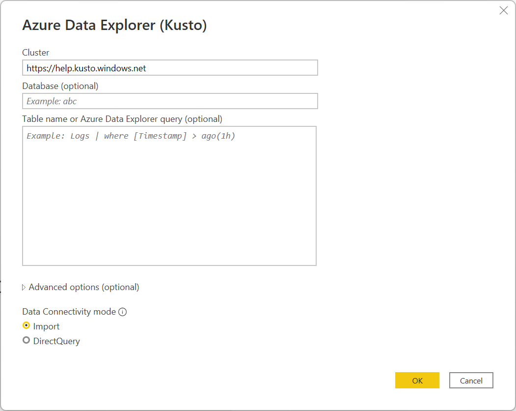 Screenshot of the Azure Data Explorer (Kusto) dialog box, with the URL for the cluster entered.