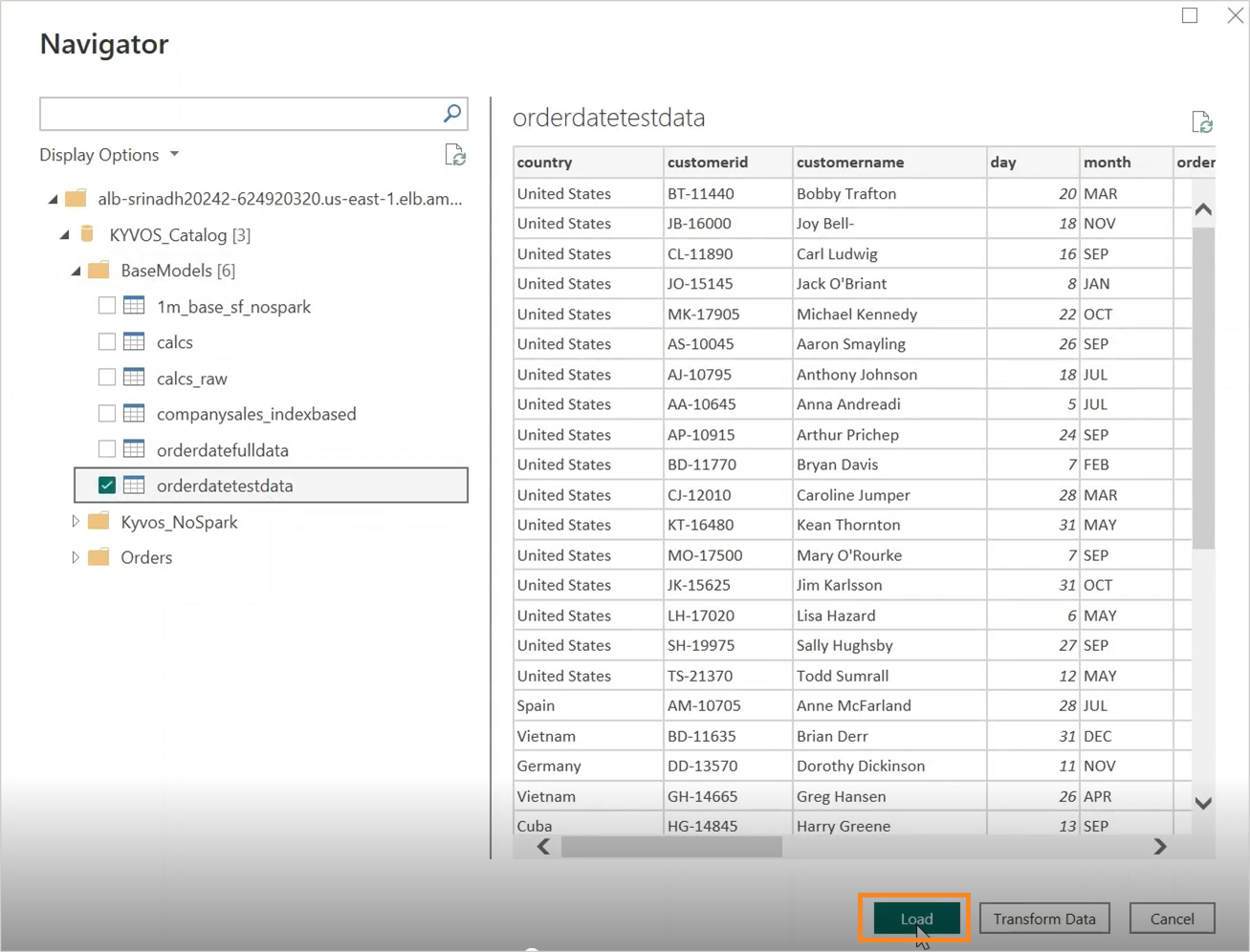 Screenshot of the Load, showing the Kyvos ODBC Connector selection.