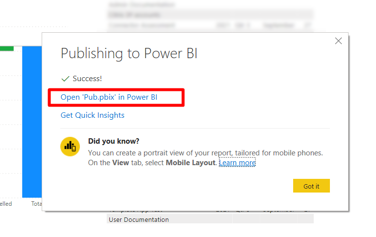 Screenshot of the publishing to Power BI dialog, with the success message and an emphasized link.