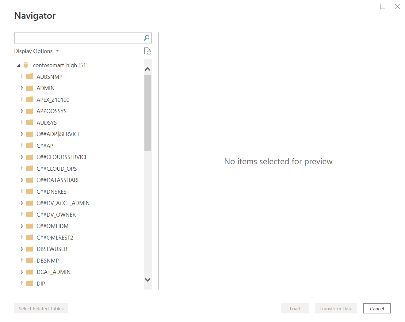 Image with the navigator open and the contosomart_high database shown with all of its 