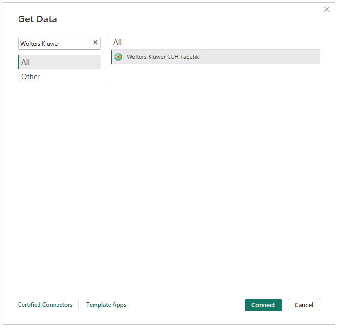 Screenshot of the Get Data dialog with Wolters Kluwer CCH Tagetik selected.