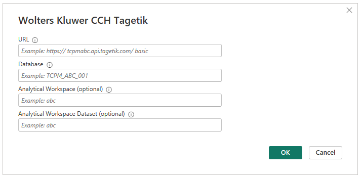 Screenshot of the Wolters Kluwer CCH Tagetik connector parameter dialog.