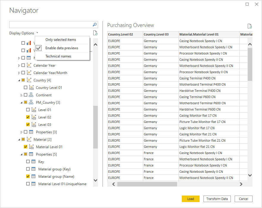 Navigator with display options context menu open.