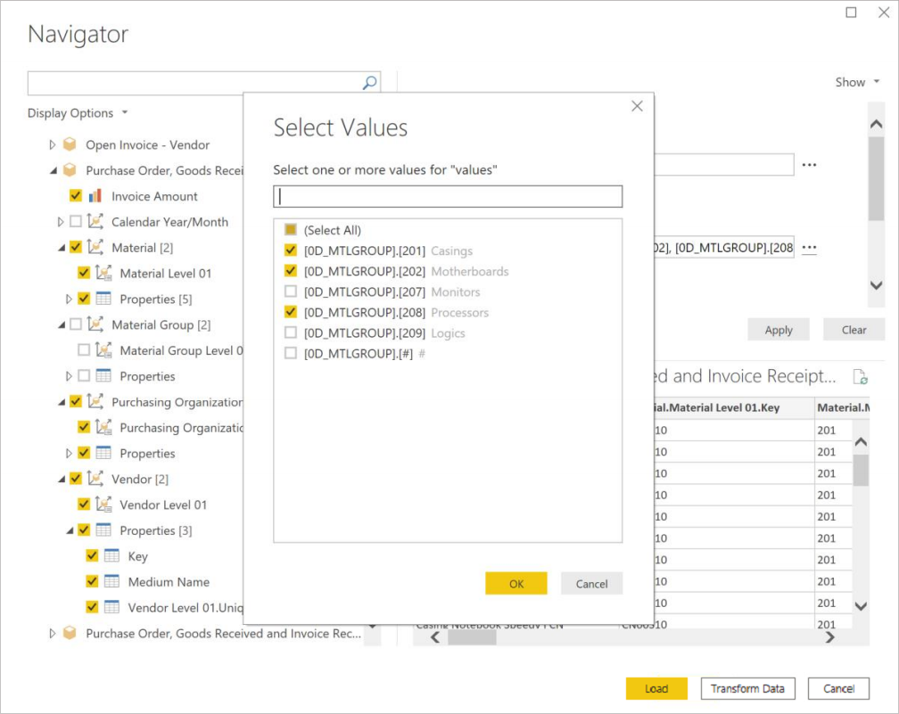 Select values menu showing material groups that can be selected.