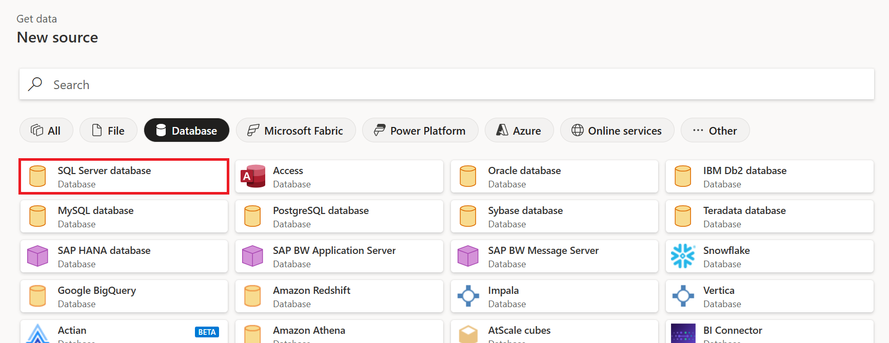 Select SQL Server database from Databases category.