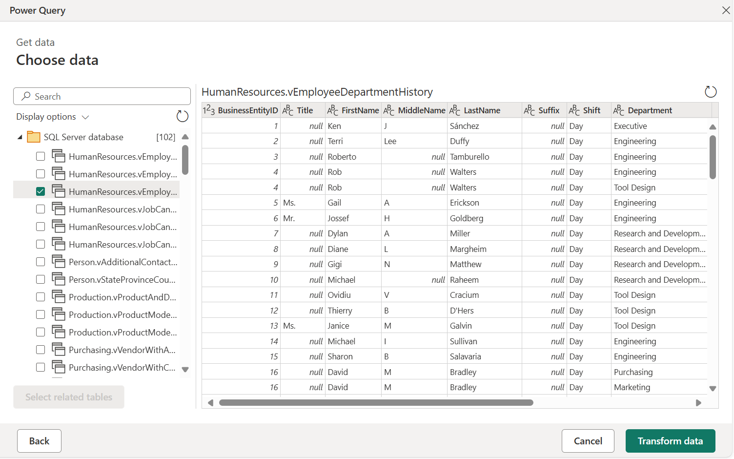 Navigator window shows tables in the data source.