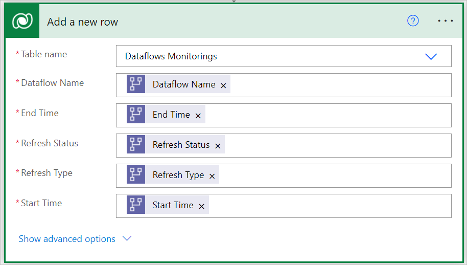 Image of the Add a new row connector with all the fields filled in with dynamic content.