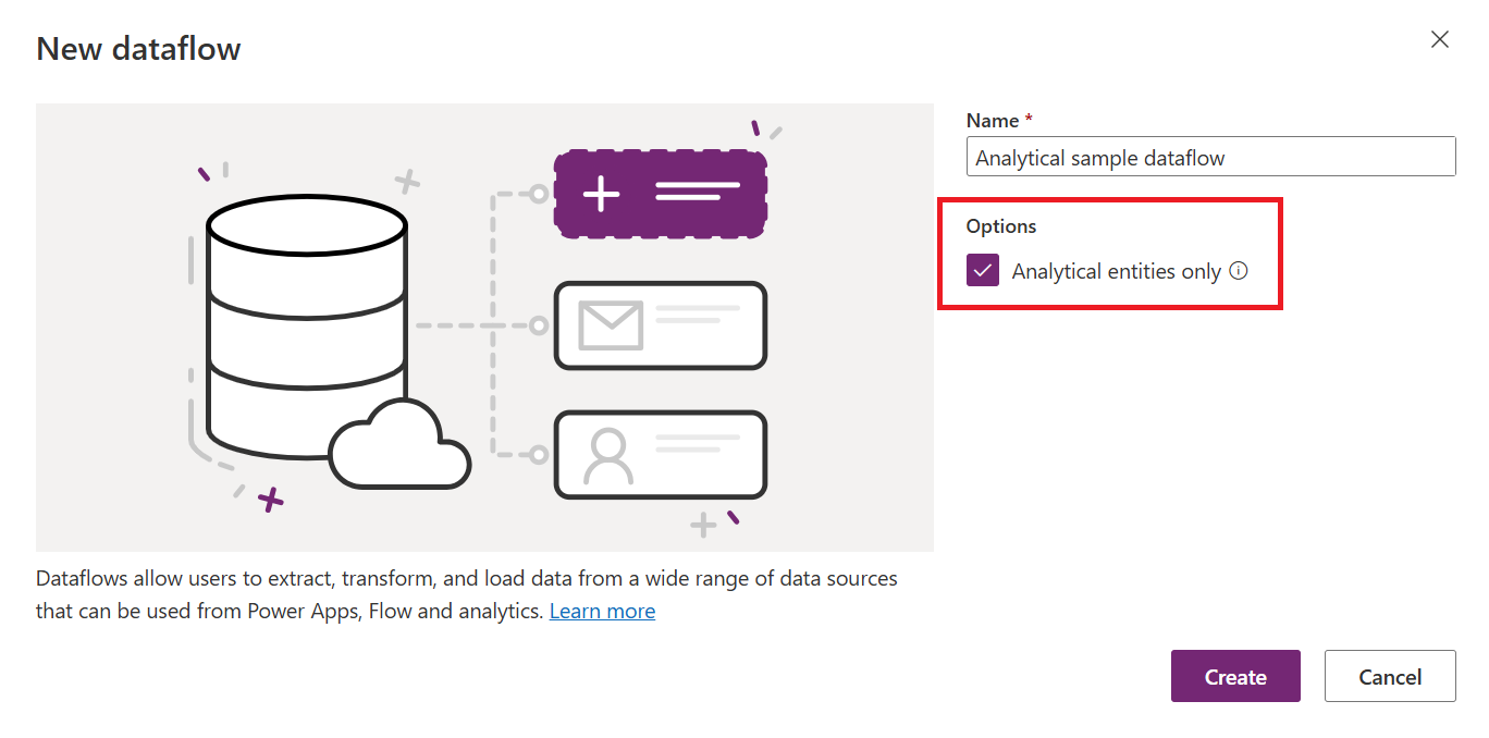 Screenshot of the New dataflow dialog that shows how to create an analytical dataflow in Power Platform.