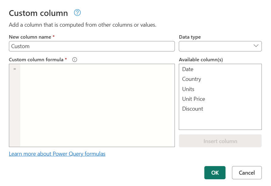 Custom column dialog box.