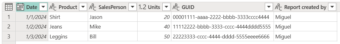 Sample table containing three rows of data with columns for date, product, sales person, unites, GUID, and report created by.