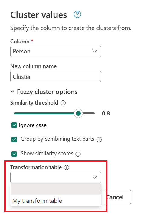 Screenshot of the fuzzy cluster options with transformation table drop-down menu set to the sample transform table.