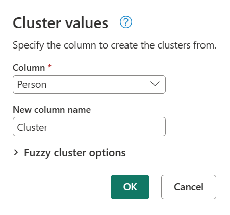 Screenshot of the cluster values window with the column Person selected and the New column named as Cluster.