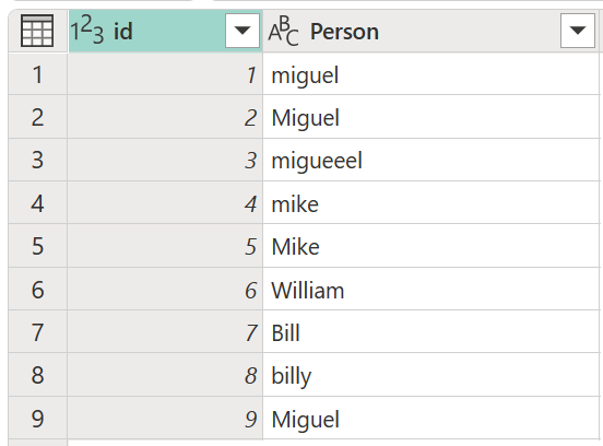Screenshot of the table with nine rows of entries that contain various spellings and capitalizations of the name Miguel and William.