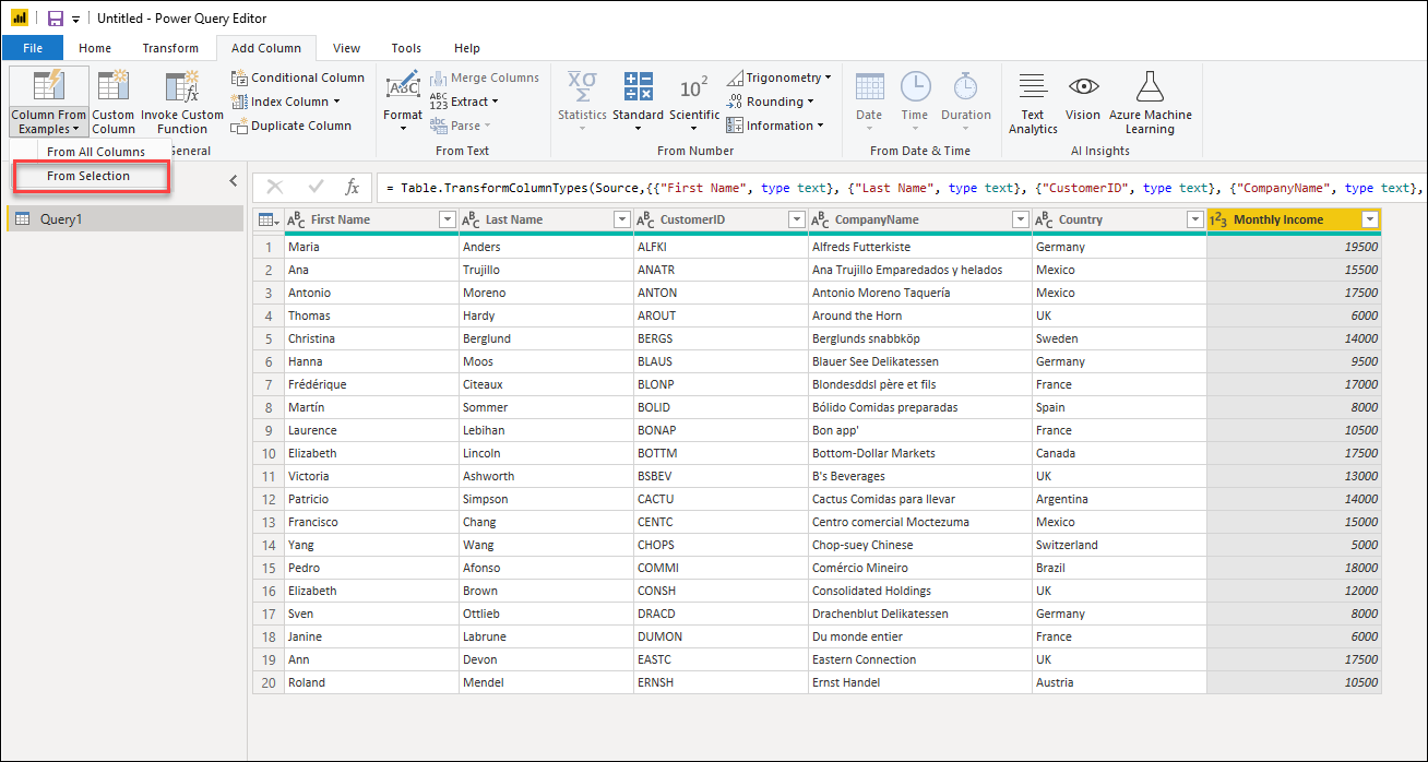 Column from examples in selected column.