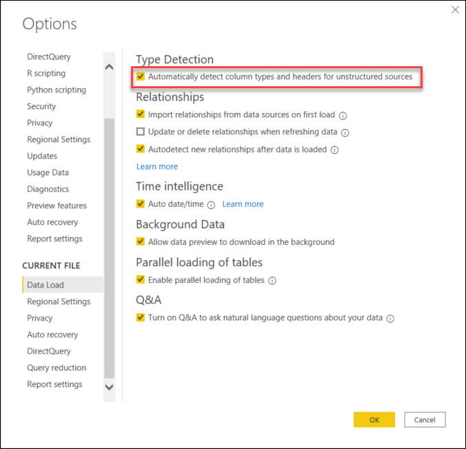 Automatically detect data type option in Power Query for Desktop.