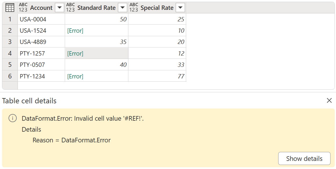 Screenshot of the selected error, with an error message at the bottom of the dialog.