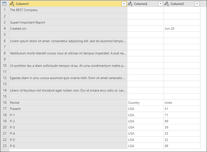 Initial sample table for Keep bottom rows operation.