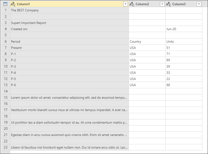 Initial sample table for the Keep a range of rows operation.