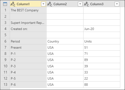 Initial sample table for Remove top rows.