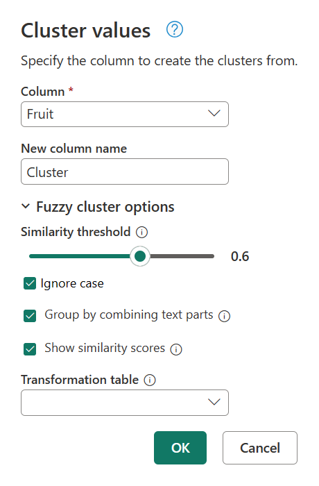 Screenshot of the cluster values dialog with the fuzzy cluster options displayed and the similarity threshold set at 0.6.