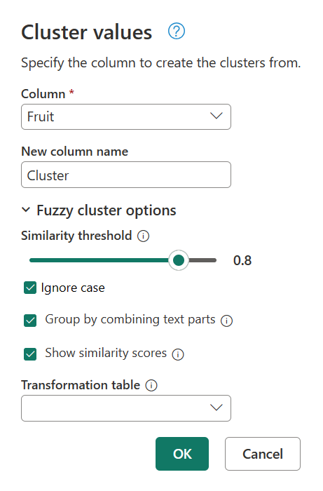 Screenshot of the cluster values window with the fuzzy cluster options displayed and the show similarity scores option selected.