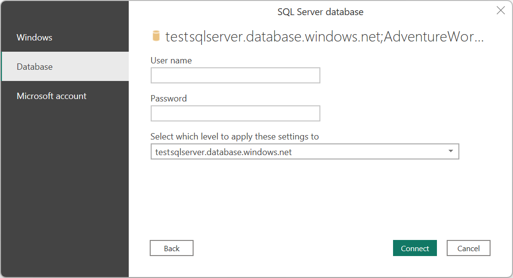 Screenshot of the SQL Server database connector authentication methods.