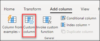 Screenshot of the Power Query ribbon with the Custom column option emphasized in the Add column tab.