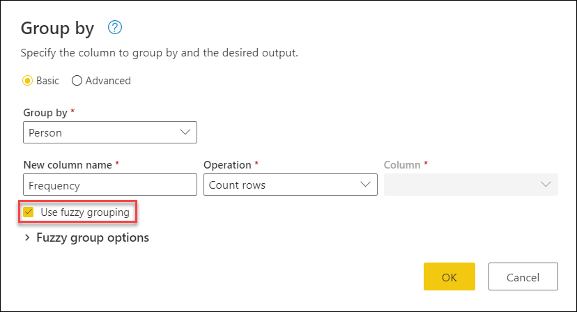 Screenshot of the Fuzzy grouping check box emphasized in the Group by dialog box.