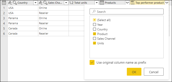 Screenshot of the expand operation for the record value on the Top performer product column.