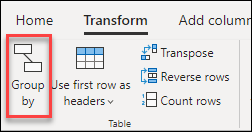 Screenshot of the Power Query ribbon with the Group by option emphasized in the Transform tab.