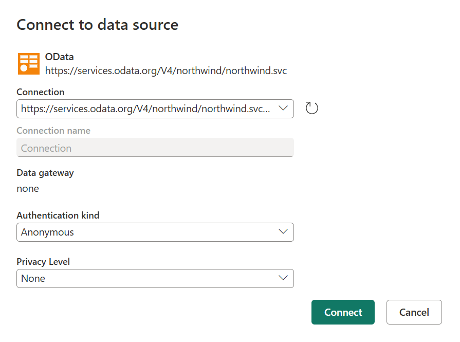 Screenshot of the Connect to data source dialog where you add the necessary information to make the connection.