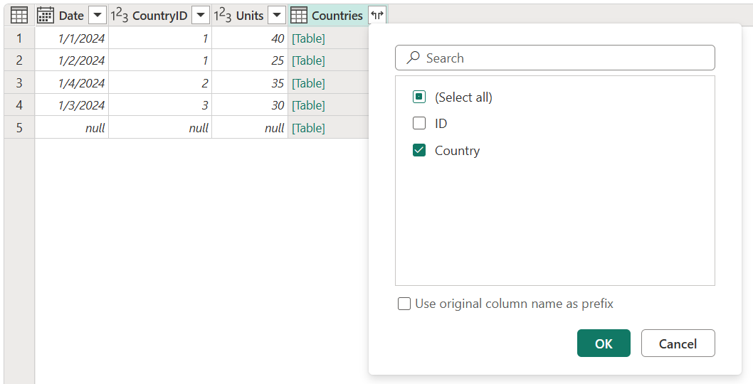 Screenshot of the Expand table options with the column for Country selected.