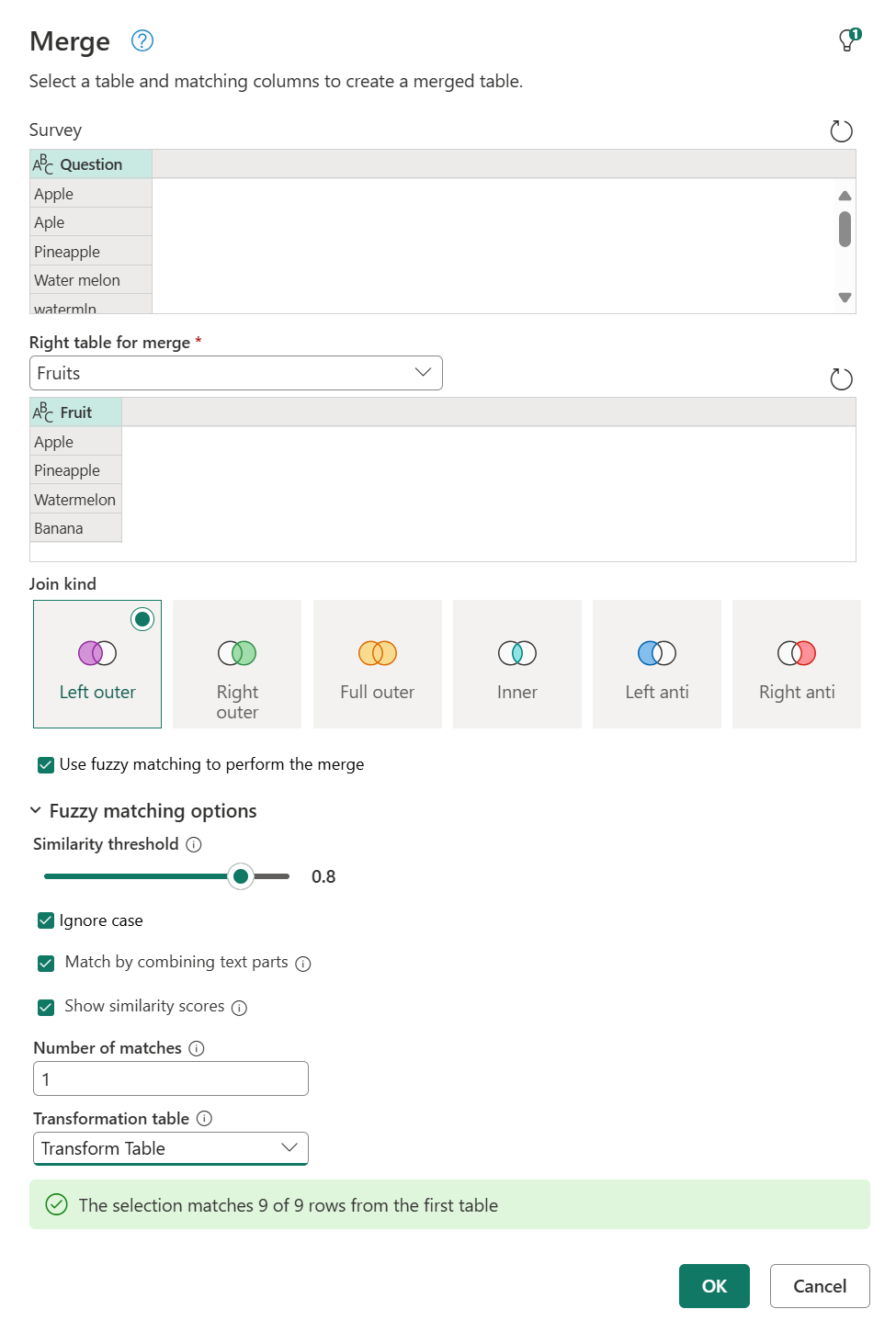 Screenshot of the Merge dialog box with the number of matches set to 1 and Transformation table set to Transform table.