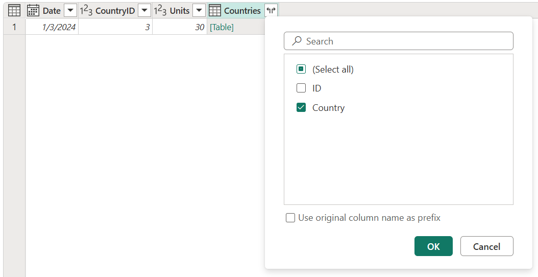 Screenshot of the expanded table options with the Country column selected.