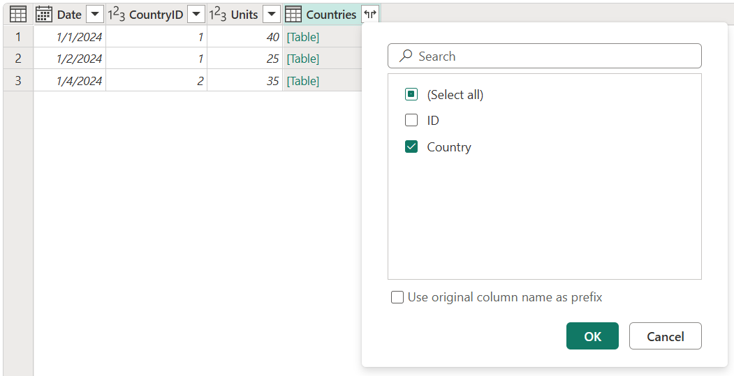 Screenshot of the Expand dialog with only the Country column selected.