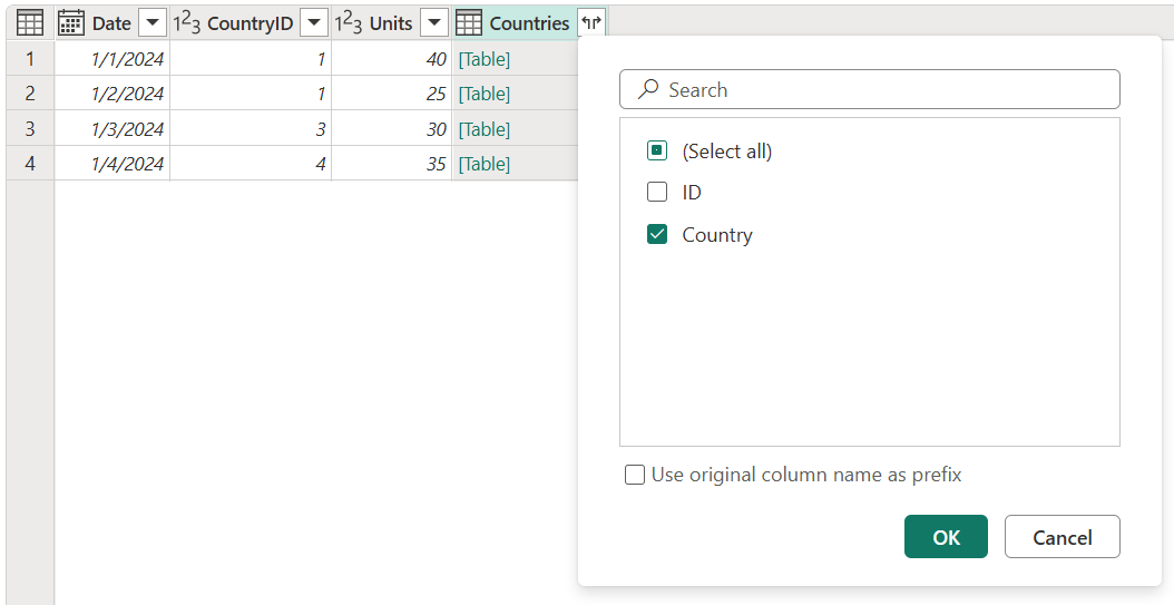 Screenshot of the expanded table column for Country.