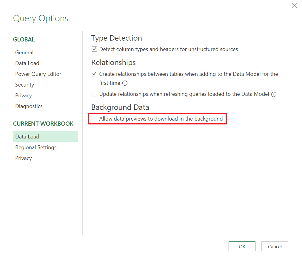 Image showing Query options in Excel with background analysis disabled.