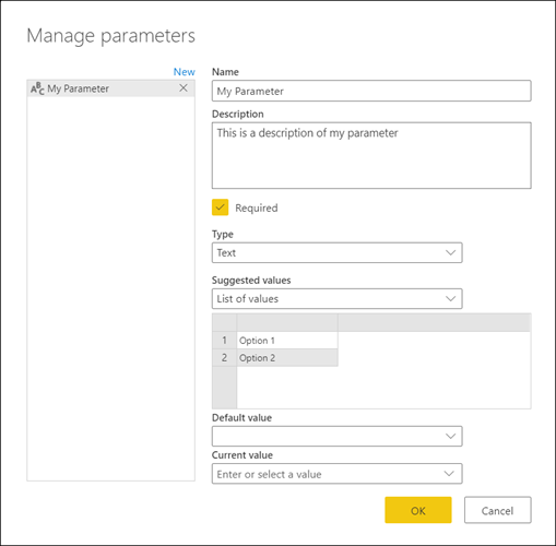 Parameter with a suggest list of values.