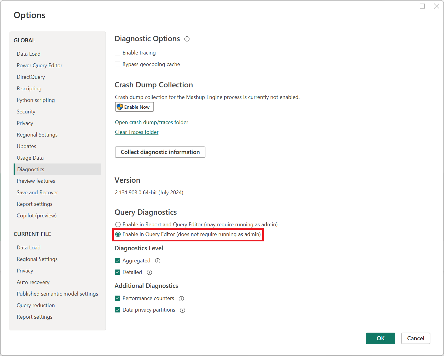 Query Diagnostics options.