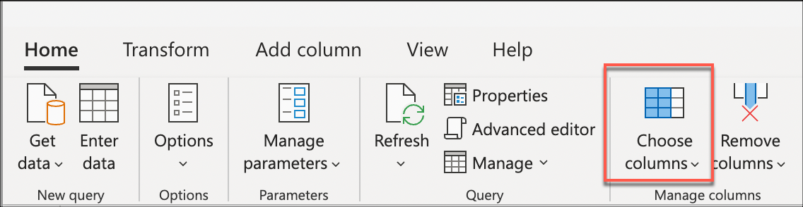 Selecting the Choose columns transform for the no query folding example.