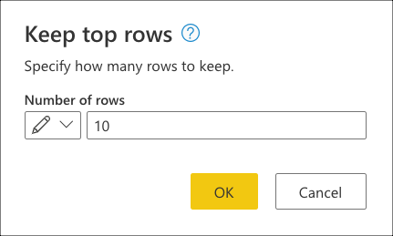 Keep top rows dialog with the value of ten entered as the input value to only keep the top ten rows of the table.