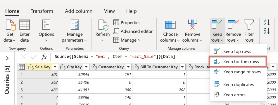 Keep bottom rows transform found inside the Reduce rows group of the home tab.