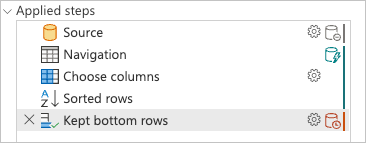 Applied steps pane for the query with the query folding indicators showcasing that the Kept bottom rows is marked as a step that will be evaluated outside the data source.