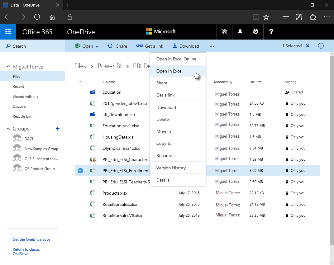 Screenshot of OneDrive in a browser, showing the Open in Excel selection.