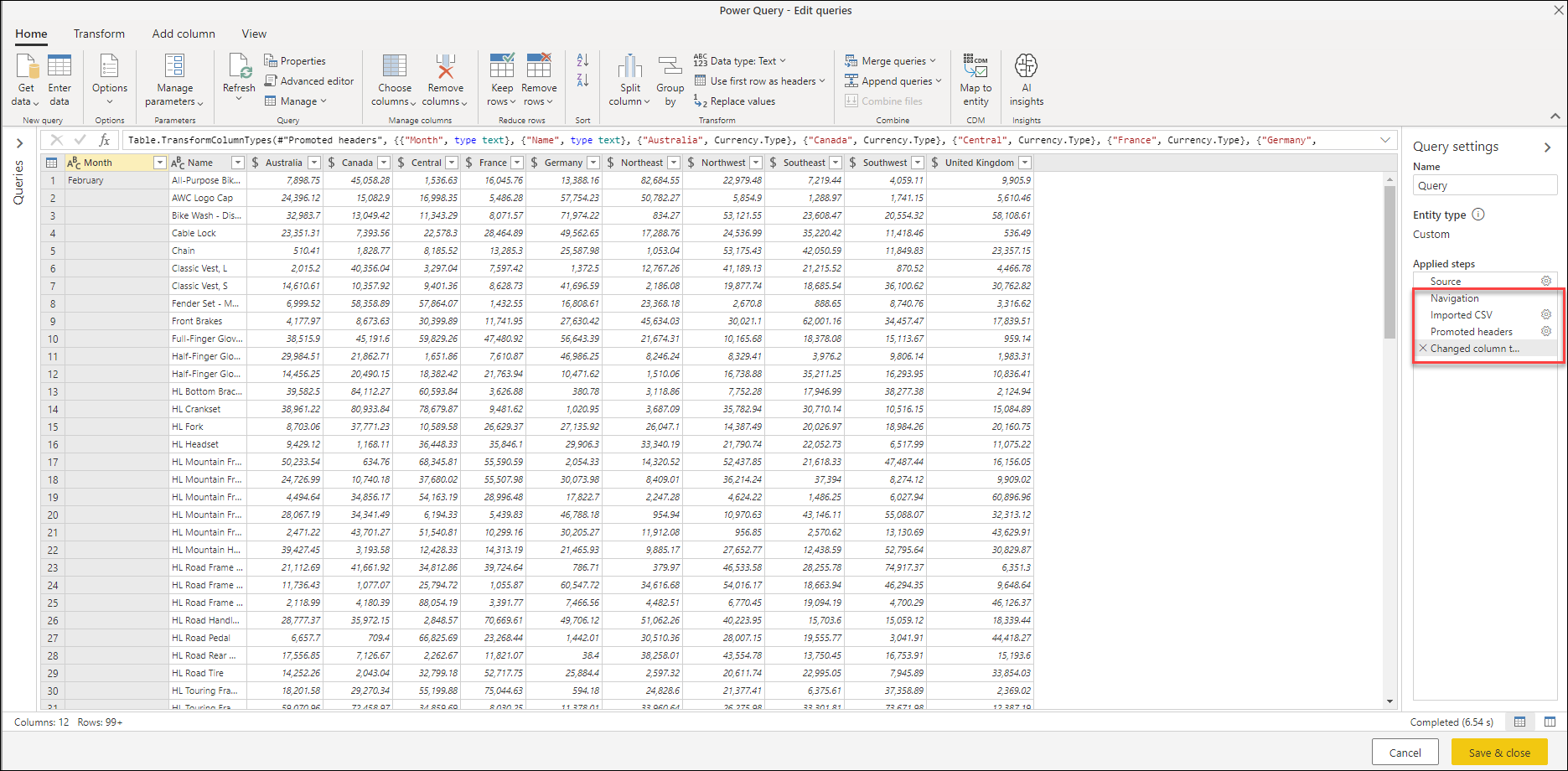 Contents of a CSV file with the name 02-February.csv that were automatically interpreted by Power Query as shown in the Applied steps section.